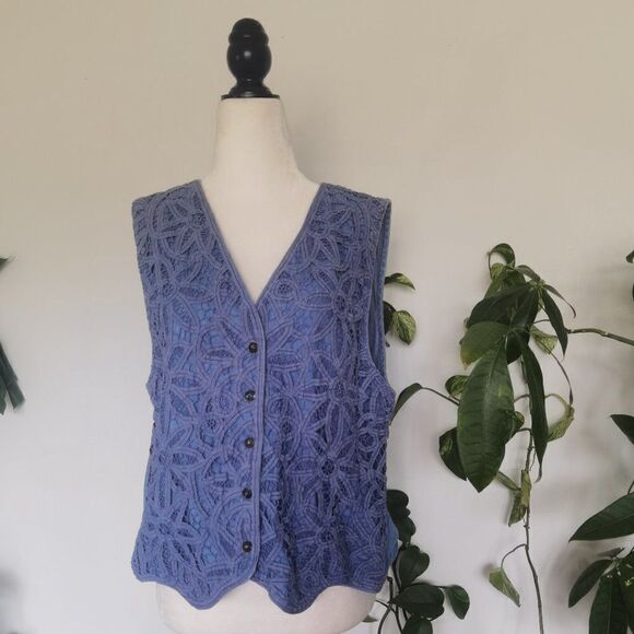 80s Chambray Vest Button Front Jean Western Lace 90s - Picture 1 of 5